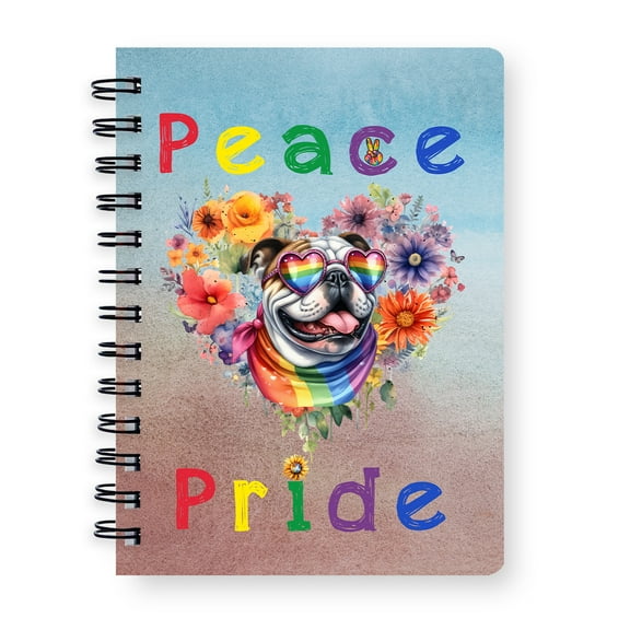 Peace Love Pride Bulldog with Rainbow Sunglasses LGBT LGBTQ Spiral Bound Journal Dog Lover Gifts Idea 5x7in Spiral Notebook - 01004