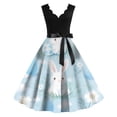 thumbnail image 2 of LWavelet Women's Sleeveless Scalloped Neck Fit-and-Flare Dress, Pastel Easter Egg & Floral Print with Satin Bow Belt for Holiday & Party Outfits Sky Blue L, 2 of 5