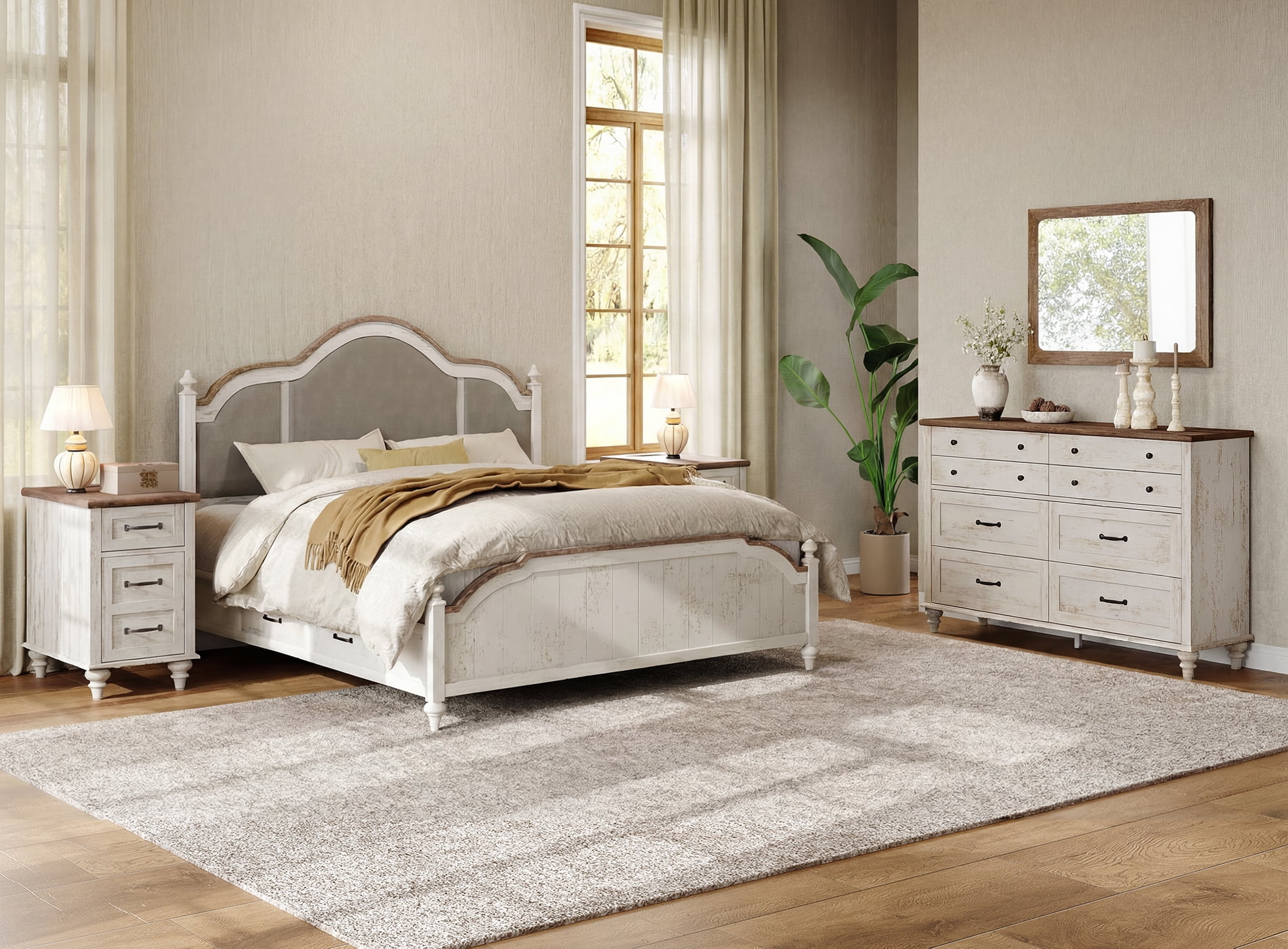 3 Piece Dresser and Nightstand Sets, Farmhouse Dresser with 8 Drawers, Set of 2 Night Stands with Charging Staion & Cabinet, 3 Piece Bedroom Set, Antique White