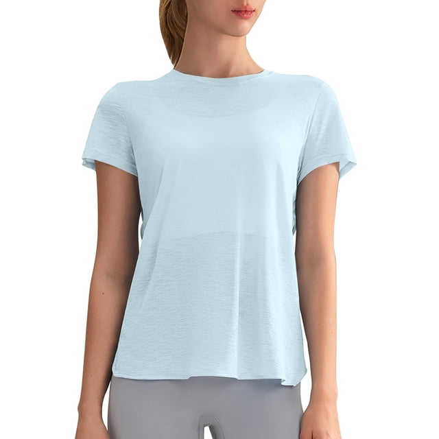 Camiseta holgada con corte en la espalda para mujer: cuello redondo, manga corta, poliéster, para yoga/deporte (tallas S-XL)