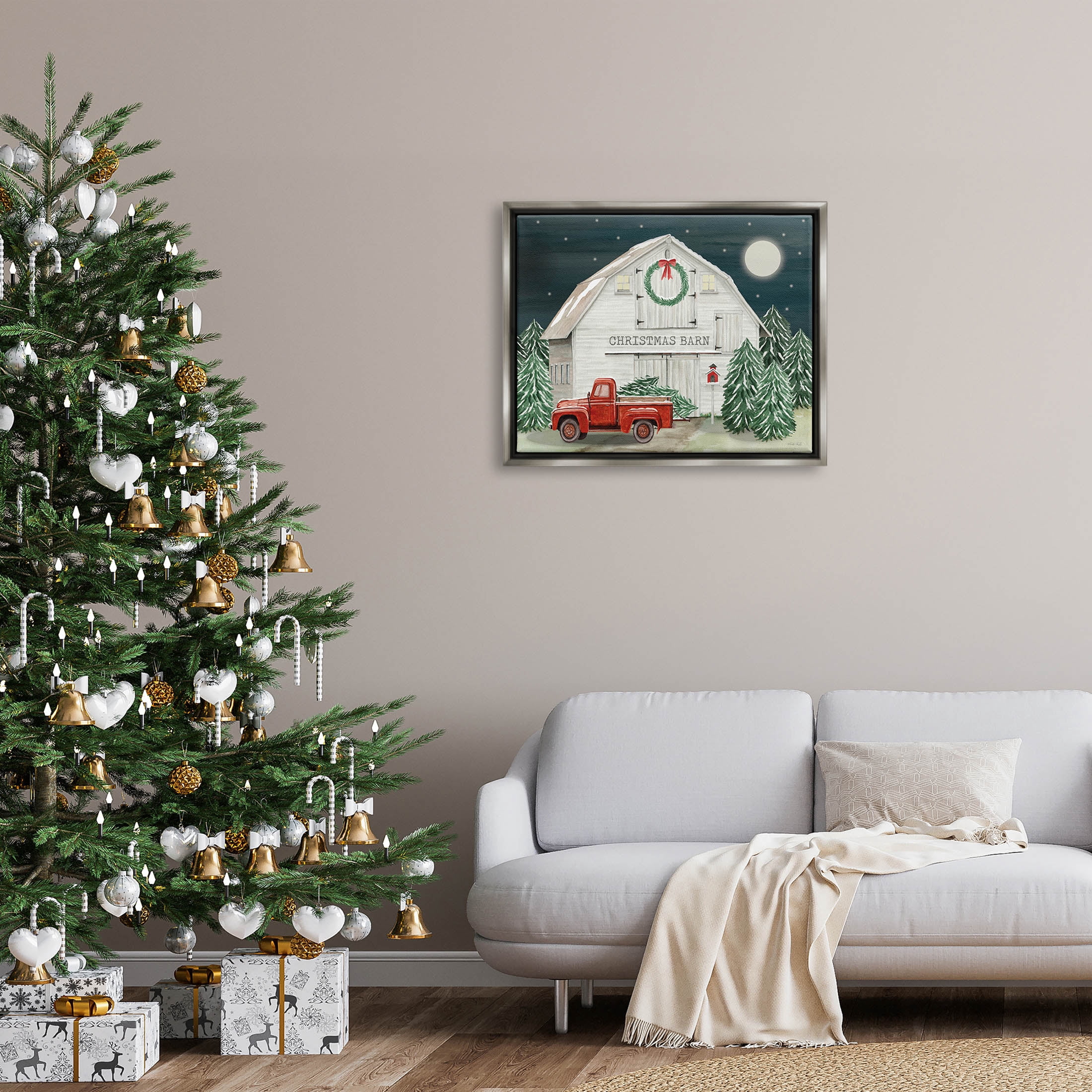 Nighttime Christmas Barn Farm Holiday Graphic Art Luster Gray Framed Art Print Wall Art