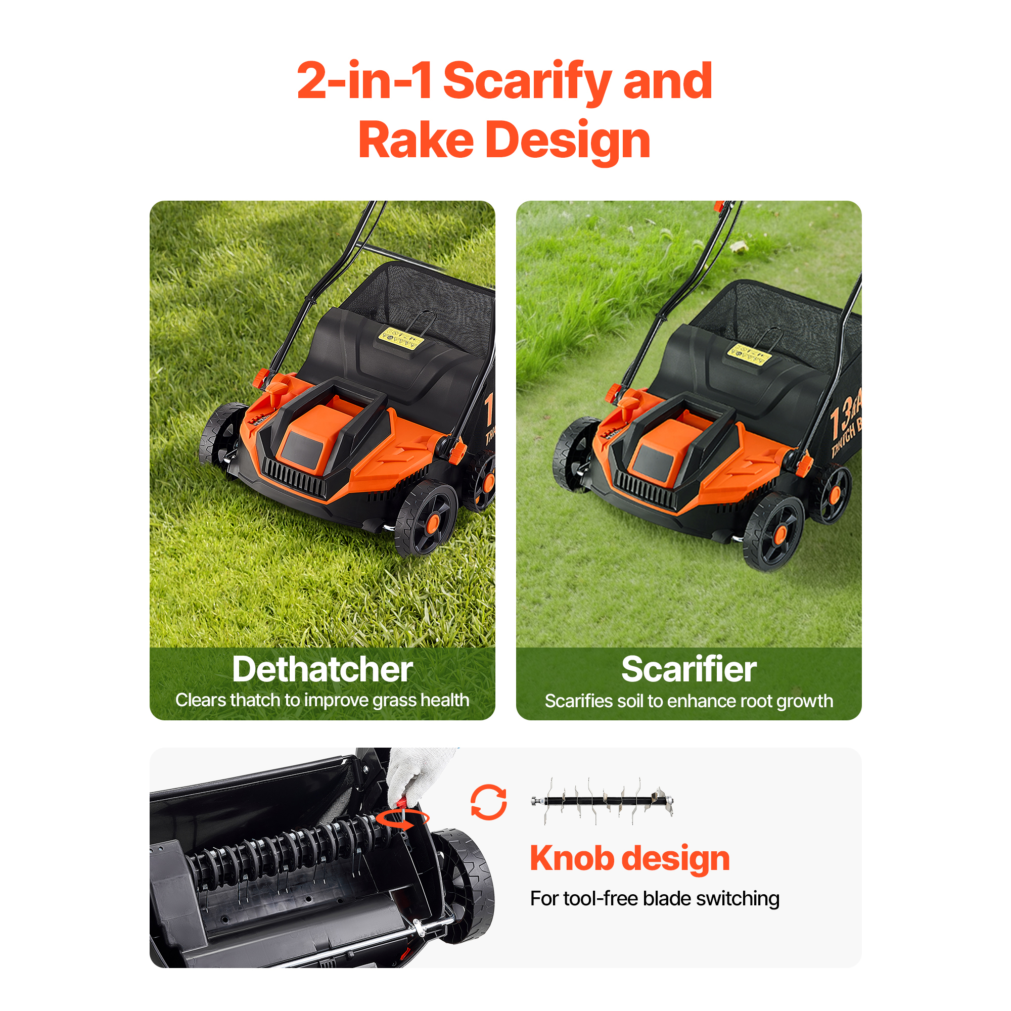 KFFKFF 2-in-1 Electric Dethatcher and Scarifier, 13-Inch 13 Amp, Corded Lawn Tool with 13-Gallon Collection Bag, 5-Position Depth Control, Walk-Behind Equipment for Garden and Lawn Care