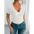 thumbnail image 6 of Mesh Top for Women Short Sleeve Crew Neck Fitted Top Solid Floral Lace Tee Shirts V Neck Sheer Blouses White S, 6 of 7