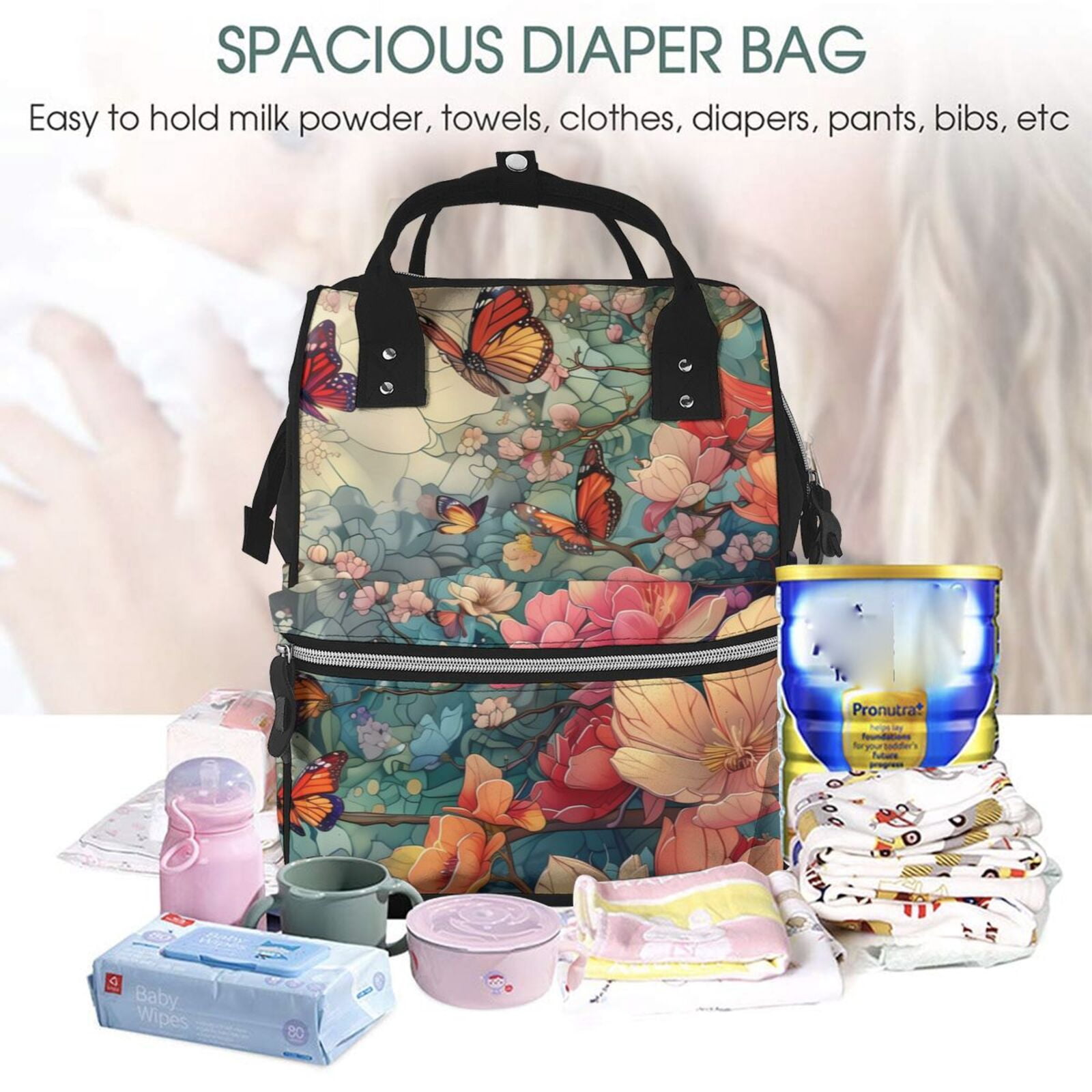 Ratiio Butterflies In Blooming Garden Mummy Backpack - Waterproof Twill Canvas, Large Capacity Diaper Bag with Multiple Pockets and Adjustable Straps