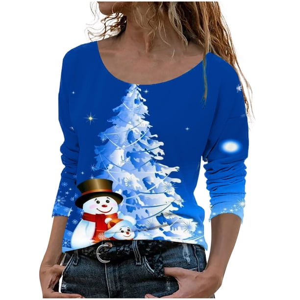 Camisas de Navidad Para Mujer, Tops de Cuello Redondo, Blusa de Otoño Holgada de Manga Larga Con Estampado Informal A La Moda, Jersey Odeerbi ODB196968
