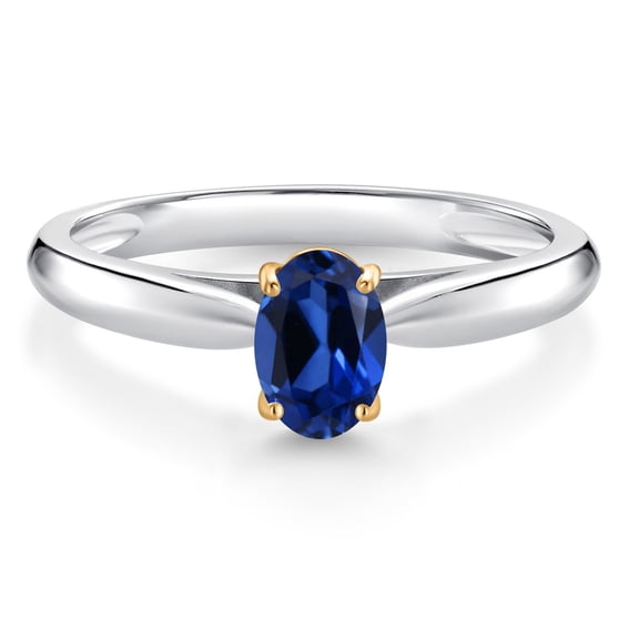 Gem Stone King 0.60 Ct Oval Blue Created Sapphire 10K White and Yellow Gold Solitaire Engagement Ring (Size 8)