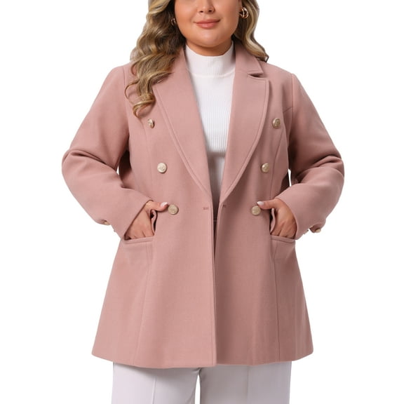DARING DIVA Women's Plus Size Double-Breasted Notched Lapel Peacoat 1X Pink