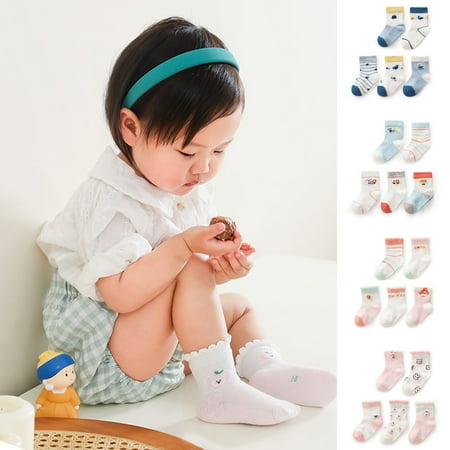 

Naturegr 5 Pairs Ruffle Trim Cartoon Print Mid-Tube Infants Socks Breathable Mesh Non-slip Baby Boys Girls Socks for Indoor