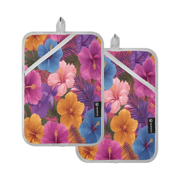 2Pack Heat-Resistant Quilted Cotton Potholders - Stylish Kitchen Grips for Hot Pots & Pans Ovens Gorgeous Tropical Plant Flowers