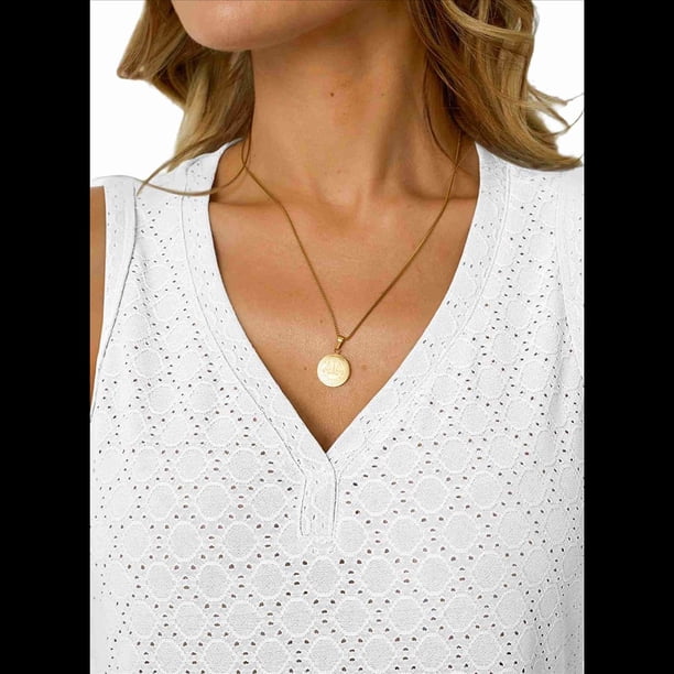Camiseta Sin Mangas Estilo Bohemio con Cuello en V y Bordado de Ojales para Mujer, para Vacaciones en la Playa, Color M