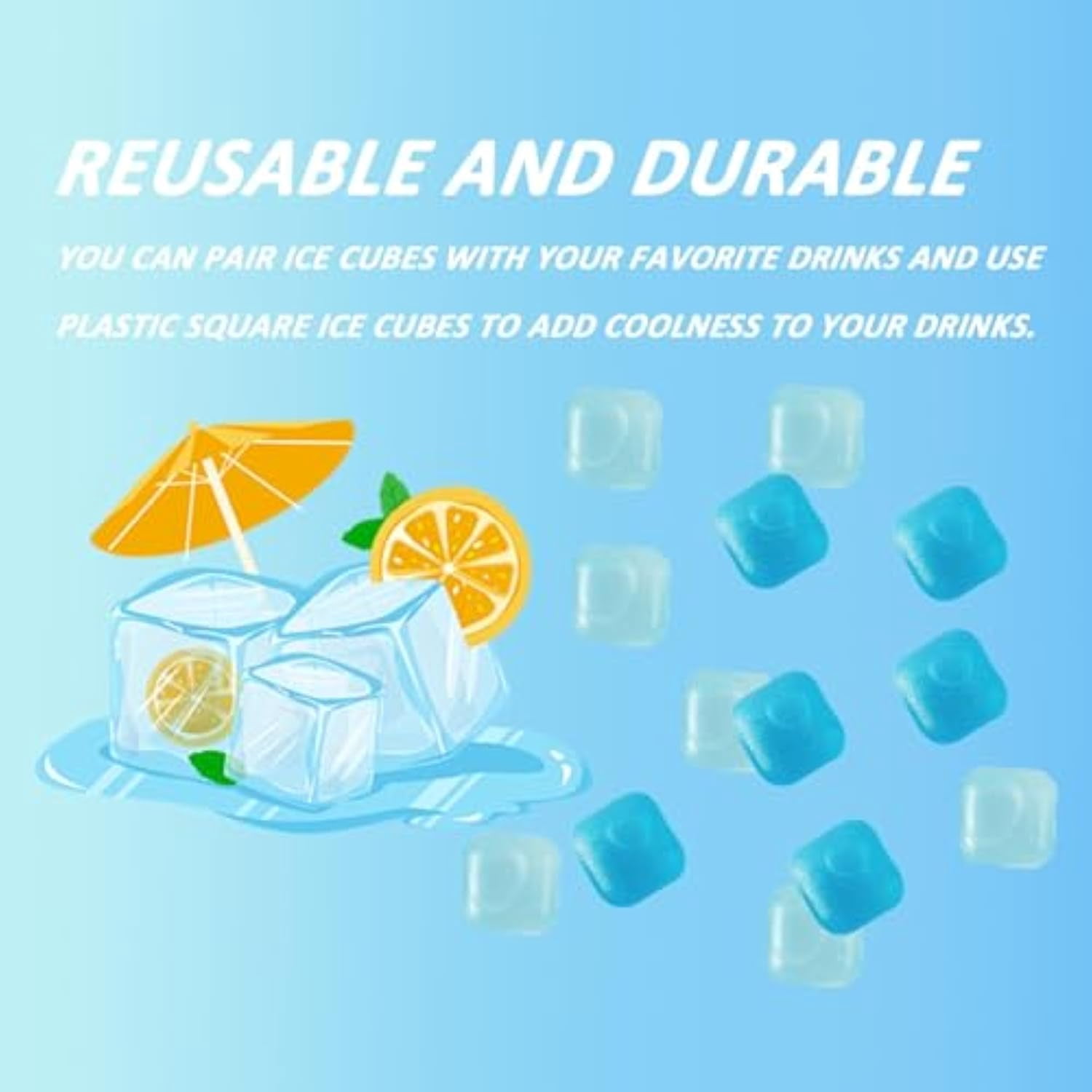 24 Pack Zero Ice Cubes, Zero Ice Reusable Cubes, Washable Non-Melting Ice Cubes Non-Diluting, for Coffee, Wine, Whiskey, Cocktails (Blue and white squares)