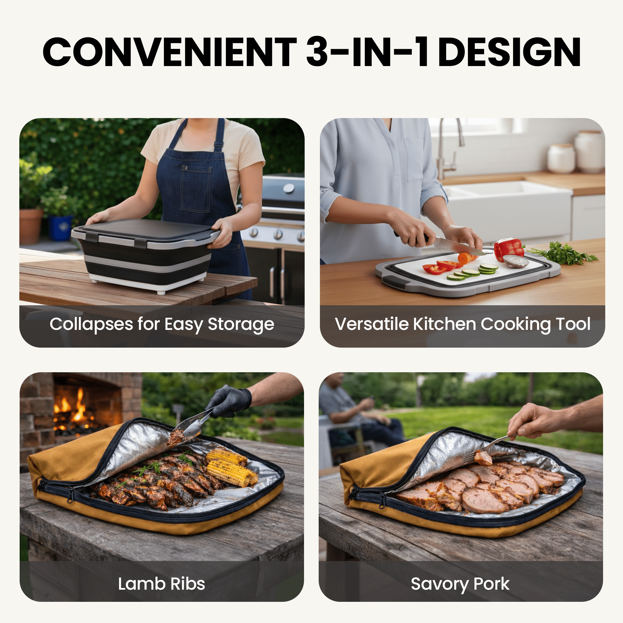Havenity BBQ Prep Tub 16L - Multifunctional Collapsible Camping Cutting Board with Upgraded Locking lid, Meat Storage Container for Meal Prep, XL with BBQ Blanket