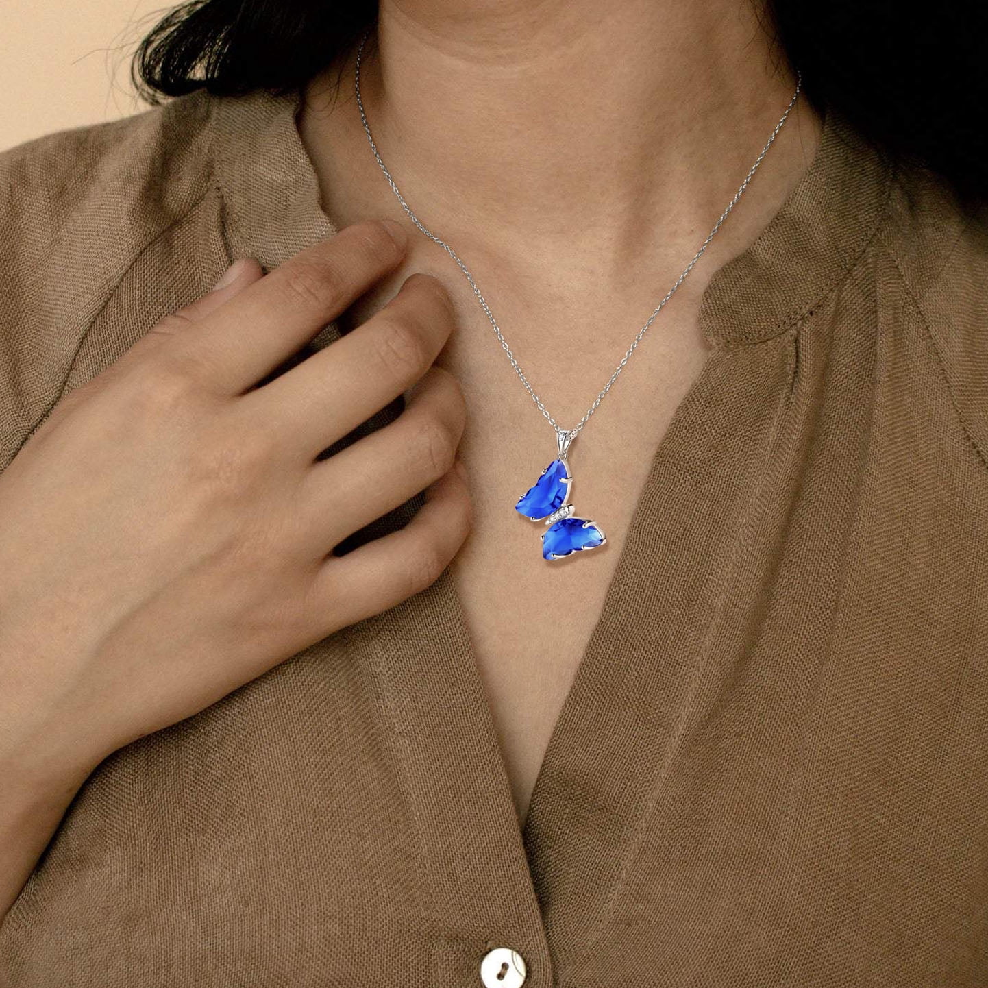 Blue Butterfly Necklace Sapphire September Birthstone Necklace Pendant 925 Sterling Silver Women Birthday Mother's Day Gifts Crystal Jewelry Juwaliy