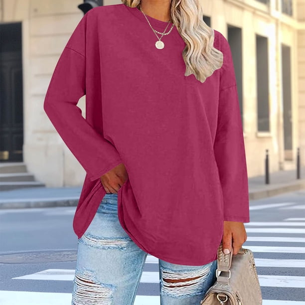 Xuyuer Womens Plus Size Tops Basic Long Sleeve Shirts Crew Neck T Shirt Fall Outfits Loose Fit Casual Blouses