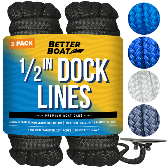 Better Boat Dock Lines Boat Ropes for Docking 1/2" Line Braided 25 feet Nylon Black 2 Pk