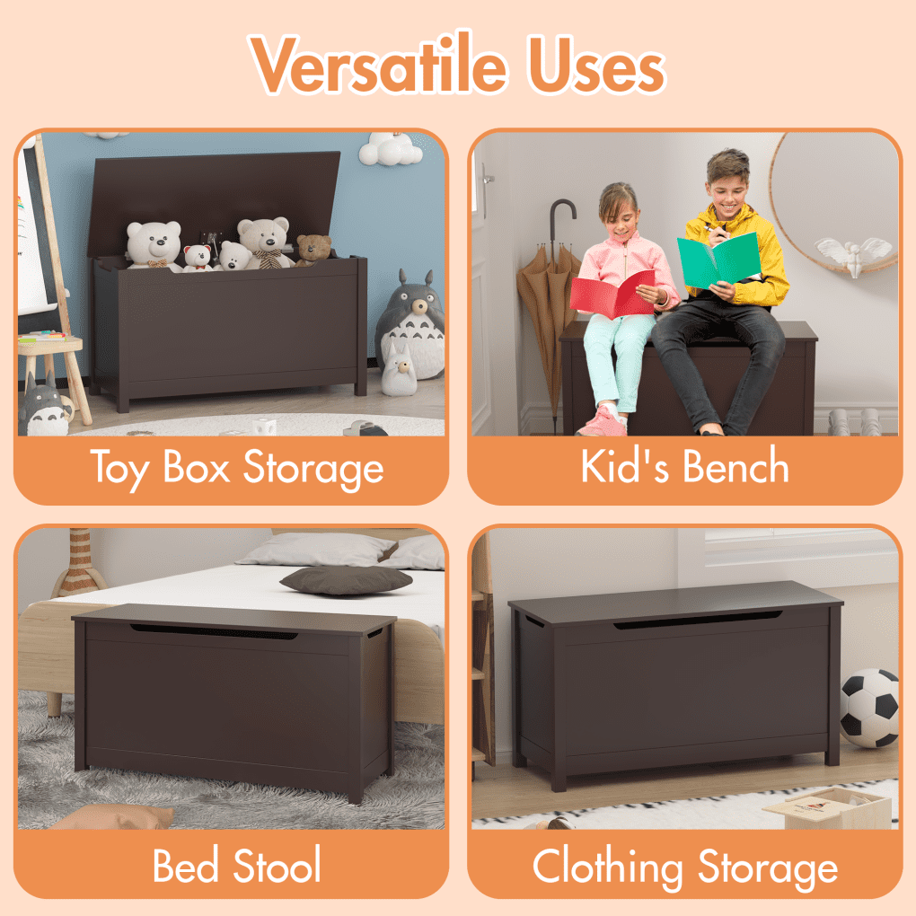 Kids Wooden Toy Box Storage with Safety Hinged Lid for Ages 3+, Large Versatile Uses Wooden Box, Kids Play Room Nursery Organizer for Playroom Organization, Gift for Boys & Girls, Coffee