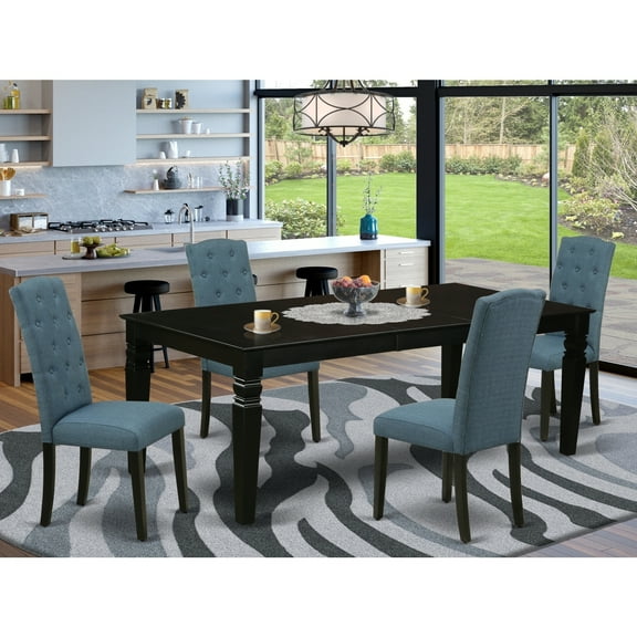 5-Piece Dining Set - Rectangle Table with Leaf4 Parsons Chairs - Blue Fabric, Black Finish