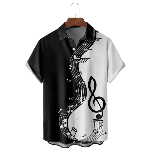 Mens Shirts Casual Music Patchwork Print Short Sleeve Button Lapel Collar Mens Hawaiian Shirt Black L