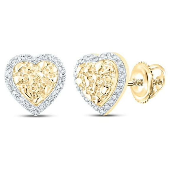 10k Yellow Gold Nugget and Diamond Heart Stud Earrings 1/10 CTTW