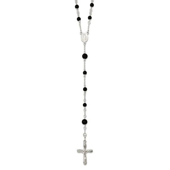 925 Sterling Silver Polished Black Simulated Onyx Rosary Necklace Pendant Necklace for Women