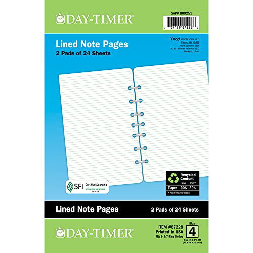Green Border Day-Timer Lined Note Pages Desk Size 2 Pack Loose-Leaf 87228 5.5 x 8.5 Inches 