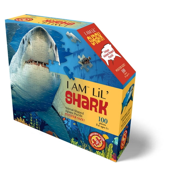 Madd Capp LiL' SHARK 100 Piece Jigsaw Puzzle For Ages 5  - 4013 - Unique Animal-Shaped Border, Poster Size when completed, Oversized Puzzle Pieces For Easy Handling, Includes Educational Fun Facts