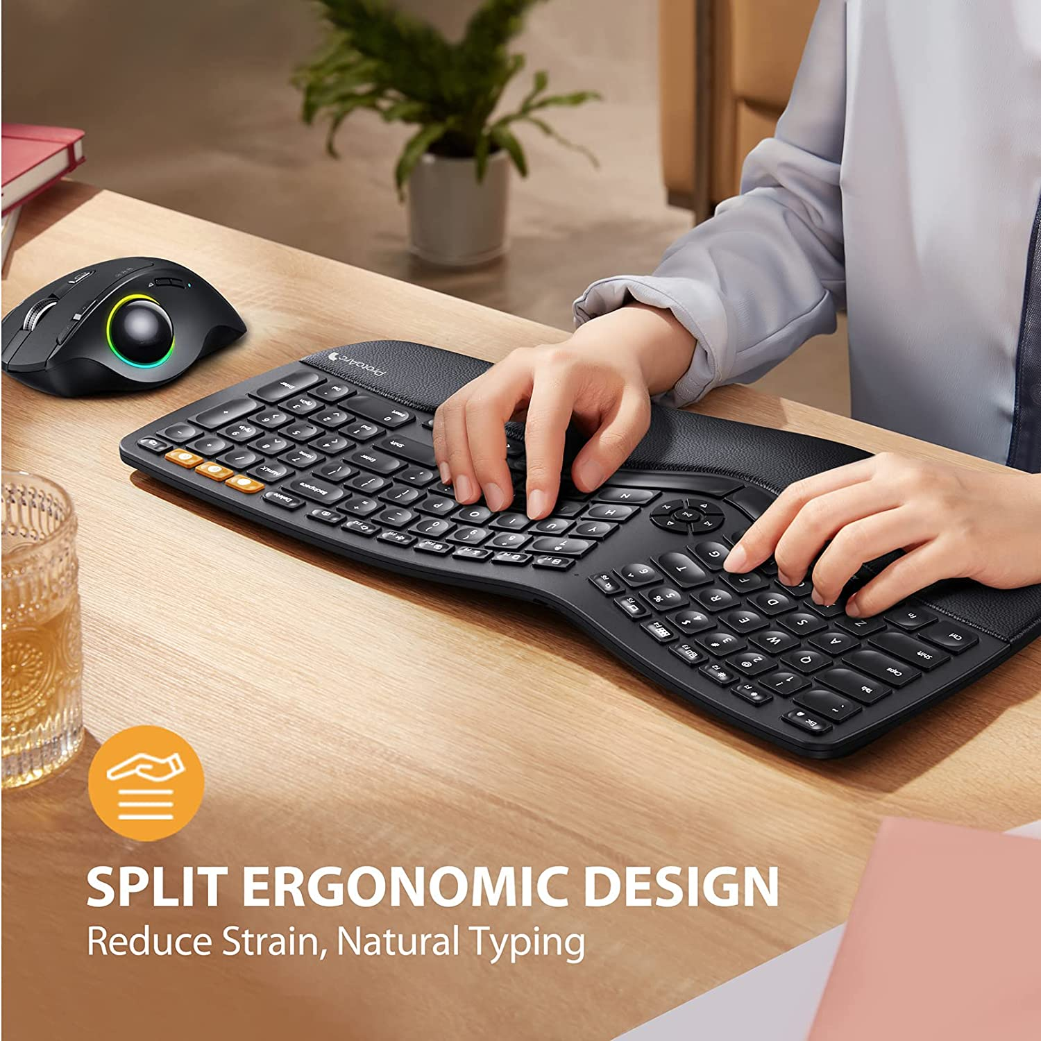 Backlit Wireless Ergonomic Keyboard, ProtoArc Ergo Split Bluetooth Keyboard with Wrist Rest, Rechargeable Silent Computer Keyboard, 3 Multi-Device - image 2 of 8