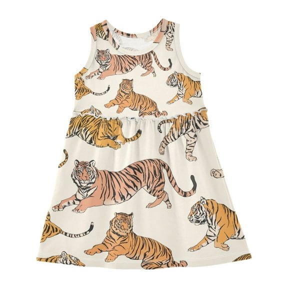 Girls Dress Playful Tiger Sleeveless Dress for Girls Hem A-Line Casual Sundress