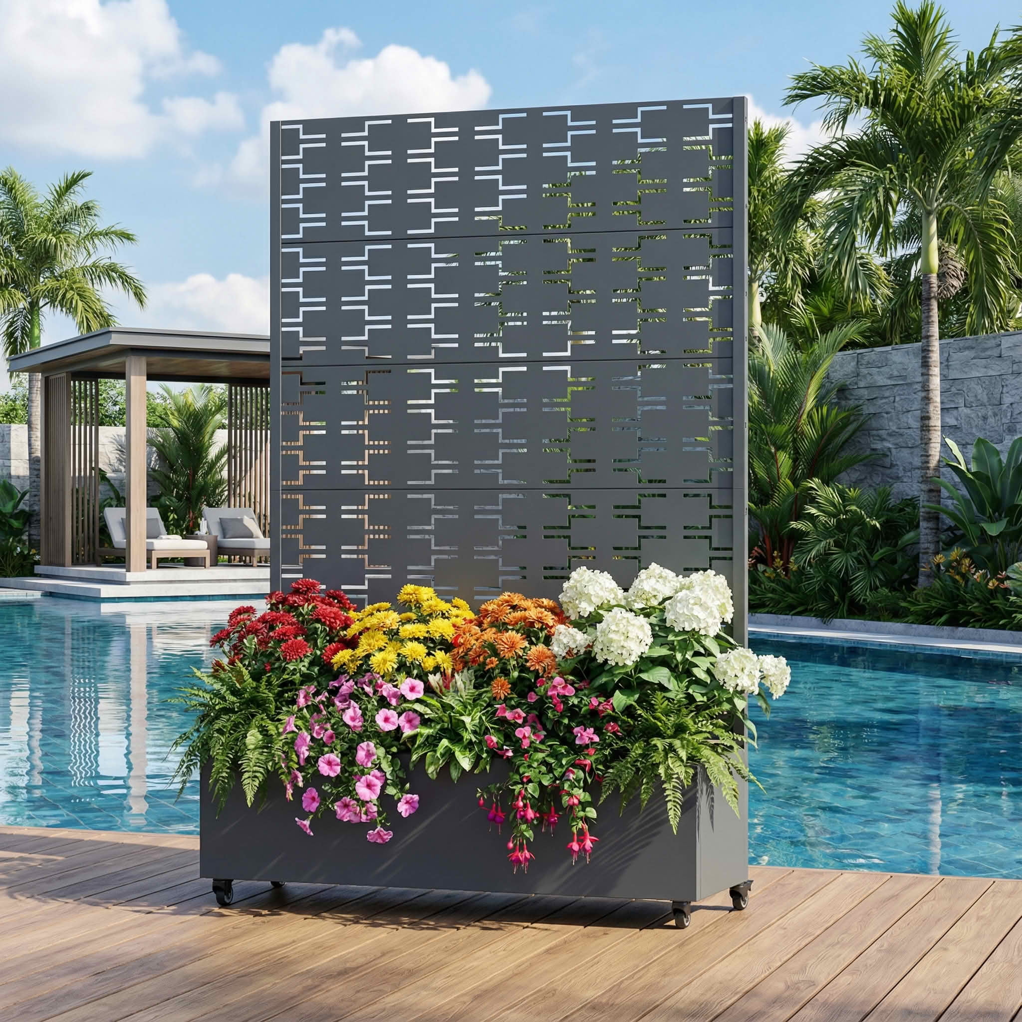 MAYEERTY 72X47" Metal Outdoor Cambrian Gray Privacy Screen with Planter Box for Backyard & Garden, 5 Piece Set