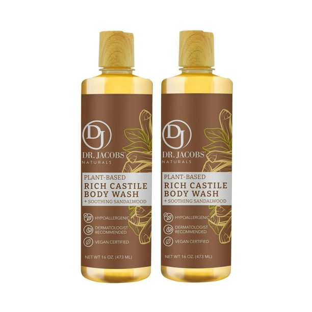 Dr Jacobs Naturals Jabón líquido de Castilla puro, ideal para poner en un dispensador de jabón líquido para el baño (sándalo, 16 onzas (paquete de 2))