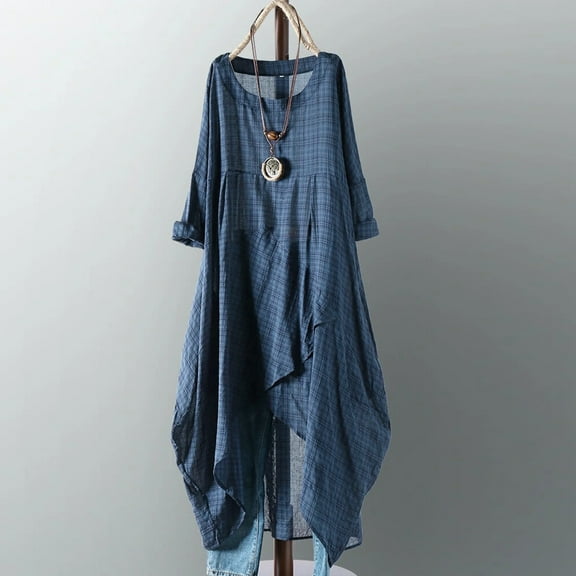 Lilgiuy Summer Temperament Long Sleeved Round Neck Irregular The Lower Hem Of A Gown Dress for Class Reunion