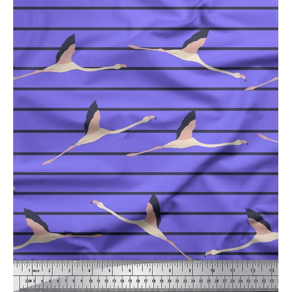 Soimoi Purple Cotton Voile Fabric Flying Flamingo & Stripe Print Fabric by the Yard 42 Inch Wide