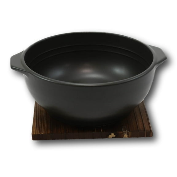 Japanese Black Donabe Ceramic Hot Clay Pot Bowl Casserole 32oz With Wooden Base