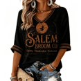 thumbnail image 2 of Sweatshirt for Women V Neck 3/4 Sleeve Pullover Retro Witch Broom Moon Graphic Printed Top Loose Fit Casual Fall Halloween Holiday Tops Black XXL, 2 of 4