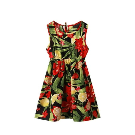 

Girls Fashion Dresses Crew Neck Summer Sleeveless Suncasual Beach Floral Prints Party Dress
