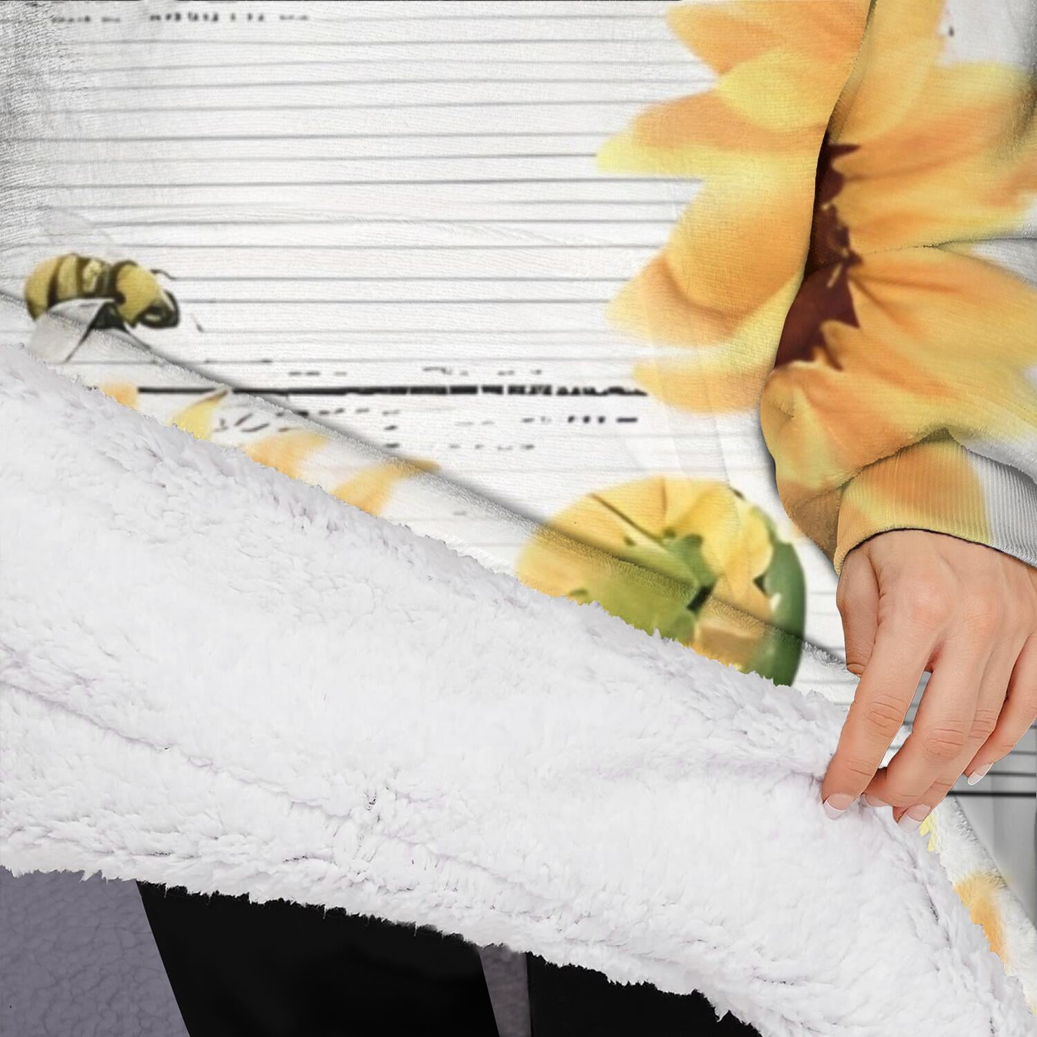 Oversized Wearable Blanket Hoodie,White Sunflower Bee Butterfly Pattern Sherpa Blanket Hoodie with Super Pockets,Super Warm Fuzzy Pullover for Women & Men