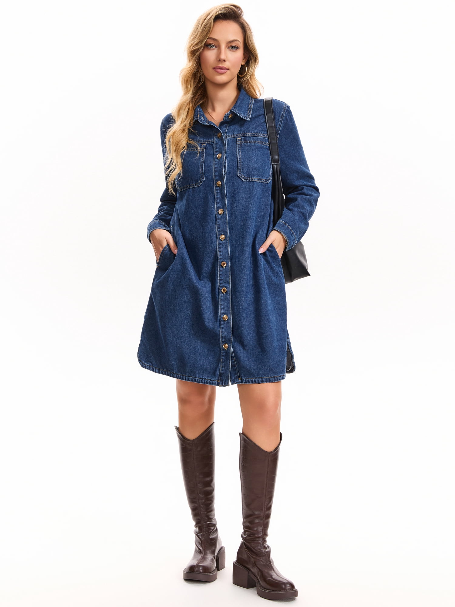 DARING DIVA Women's Denim Long Sleeve Button Down Jean Dress 2XL Dark Blue