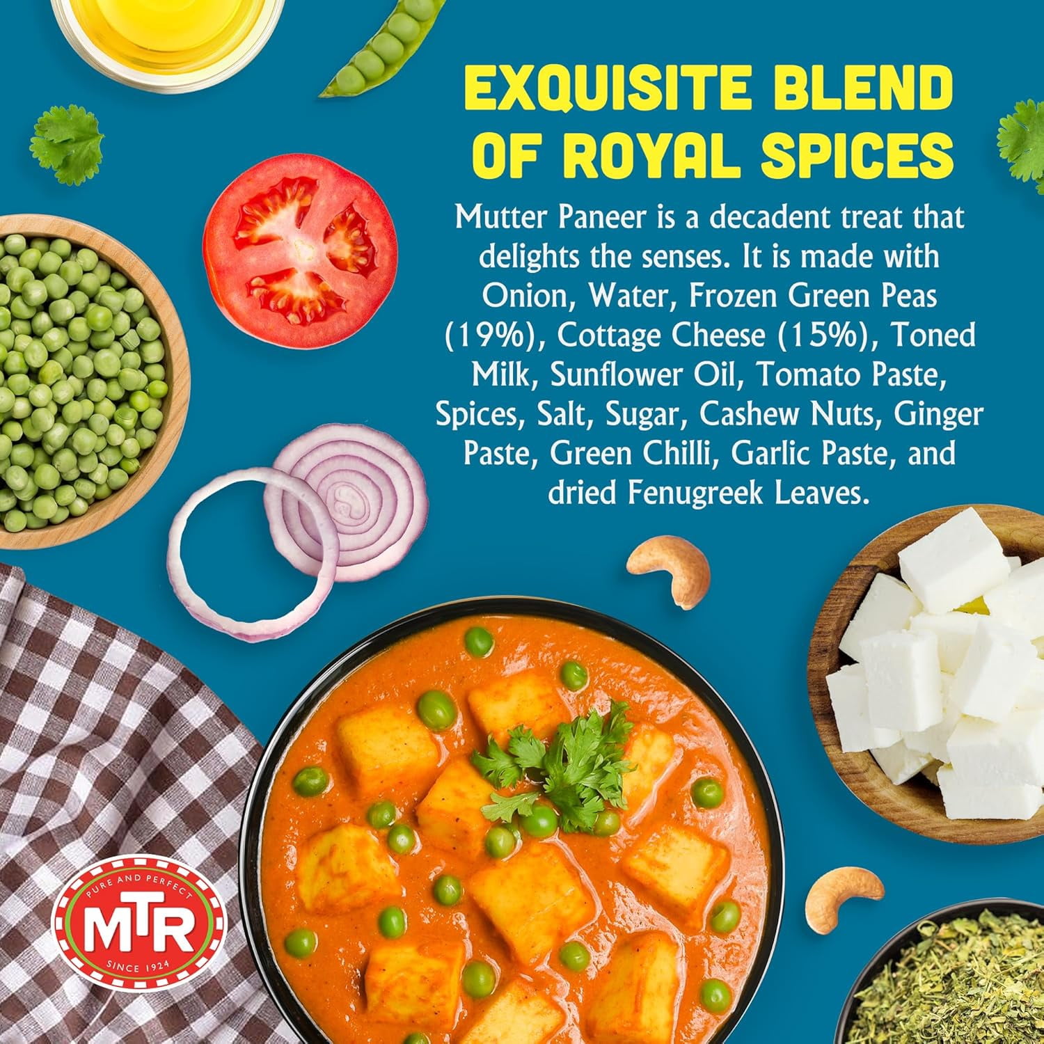 MTR Mutter Paneer - Spiced Green Peas & Cottage Cheese in Gravy - Tasty Indian Meal with No Added Preservatives - A Quick Meal Suitable for Vegetarians, Ready in Minutes! (300g, Pack of 6)