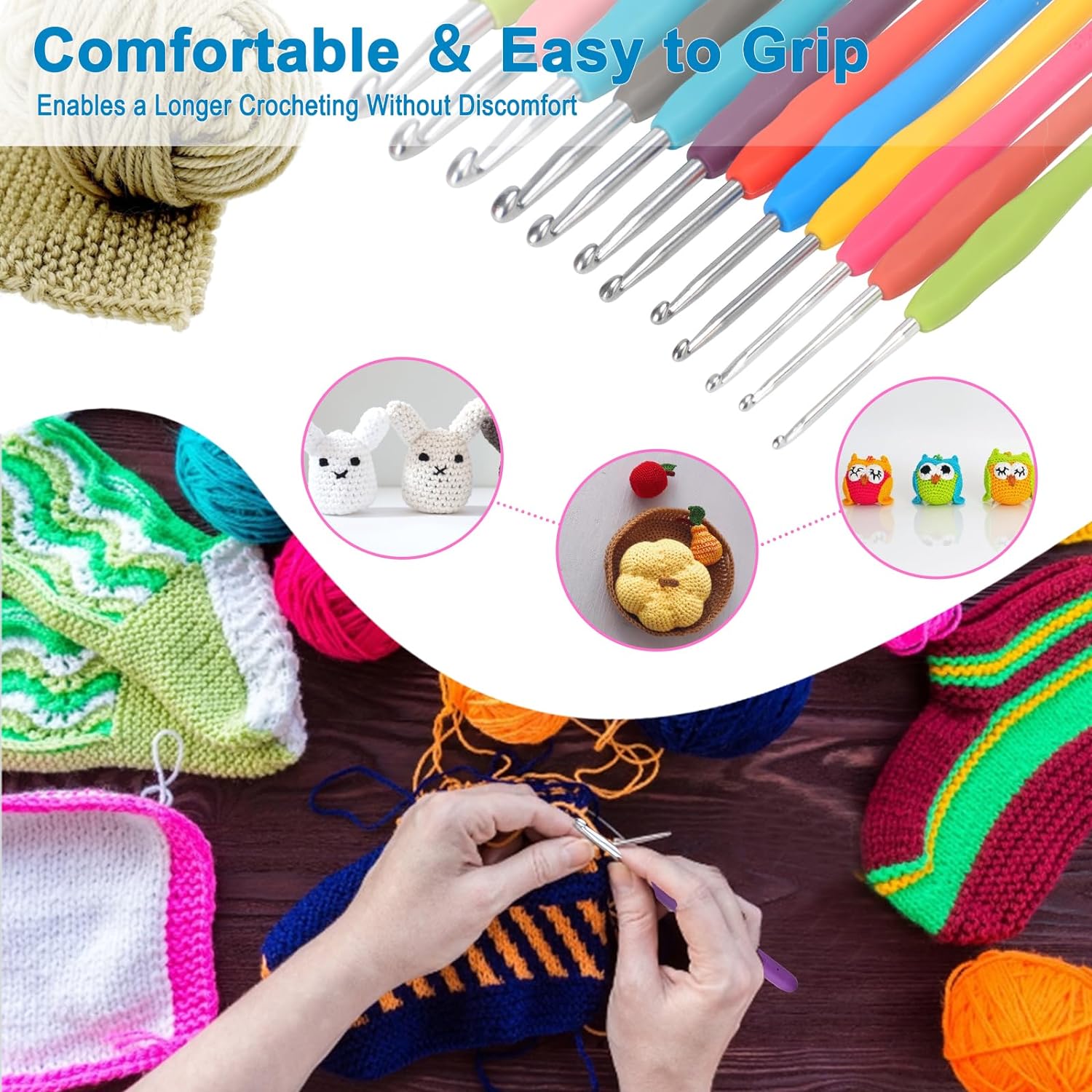 Vodiye No. 14 crochet hook set, sizes 2.0–10.0 mm, colorful metal crochet hooks, ergonomic design, comfortable to use
