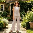 thumbnail image 5 of Girls Summer Outfits Striped Sleeveless Tie Front Peplum Top & Casual Wide Leg Pants 2 Piece Cute Matching Clothes Set Khaki 11-12 Years, 5 of 8