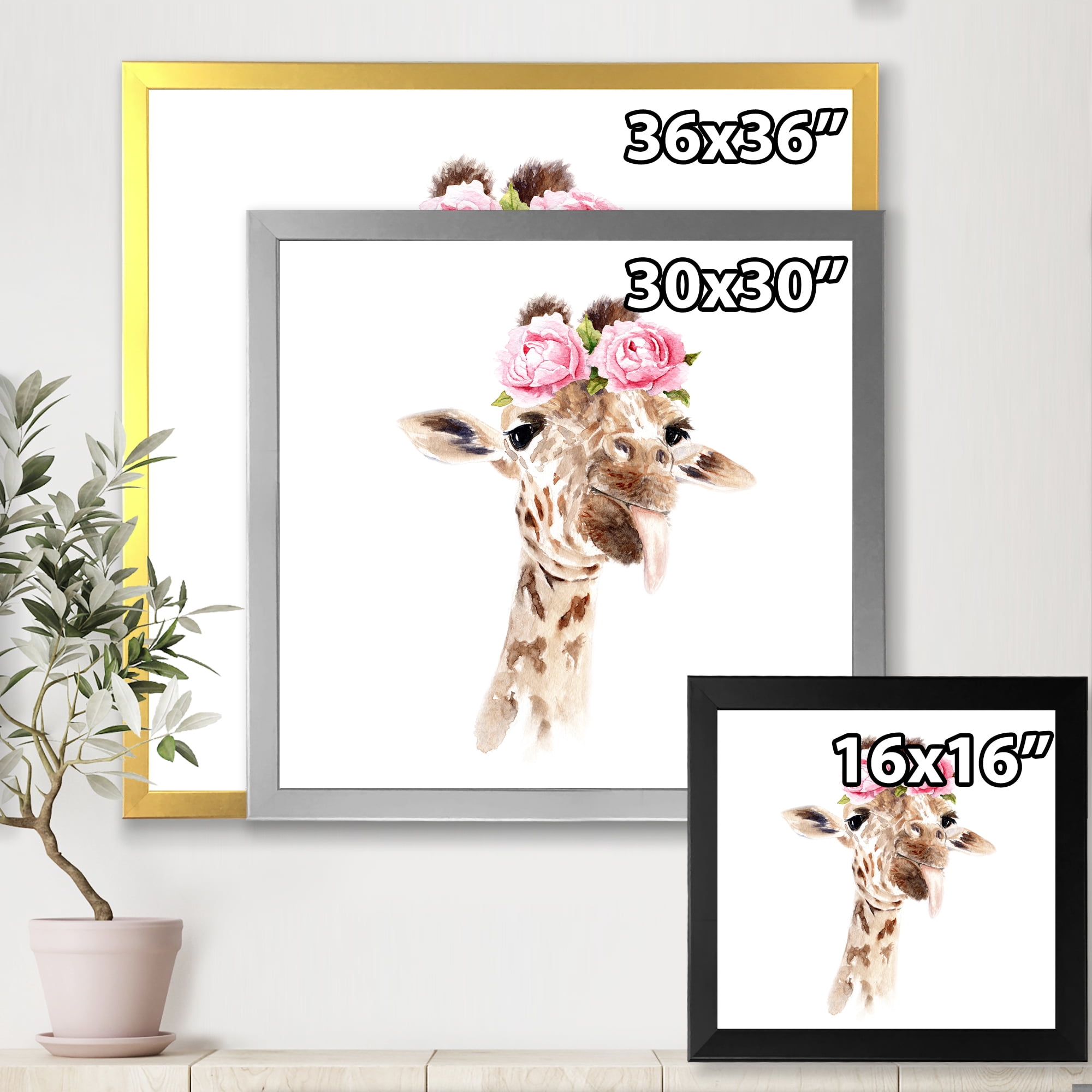 Designart 'Portrait of A Giraffe With Pink Flowers' Farmhouse Framed Art Print