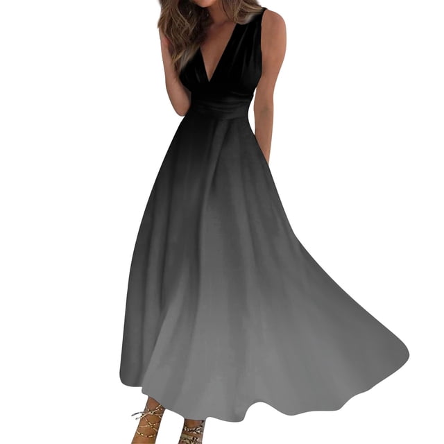 Maxi Maxi Robe, Robe Sans Manches Dégradé Mode Décontractée avec Col en V Robe Maxi Bohème, Robes d'Été pour Femmes