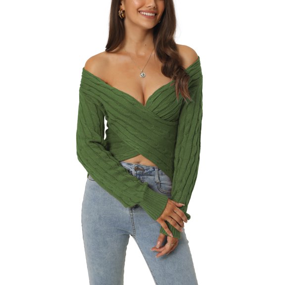 INSPIRE CHIC Women's Fall Winter Wrap V Neck Long Sleeve Ribbed Knit Crop Sweater Tops S Army Green