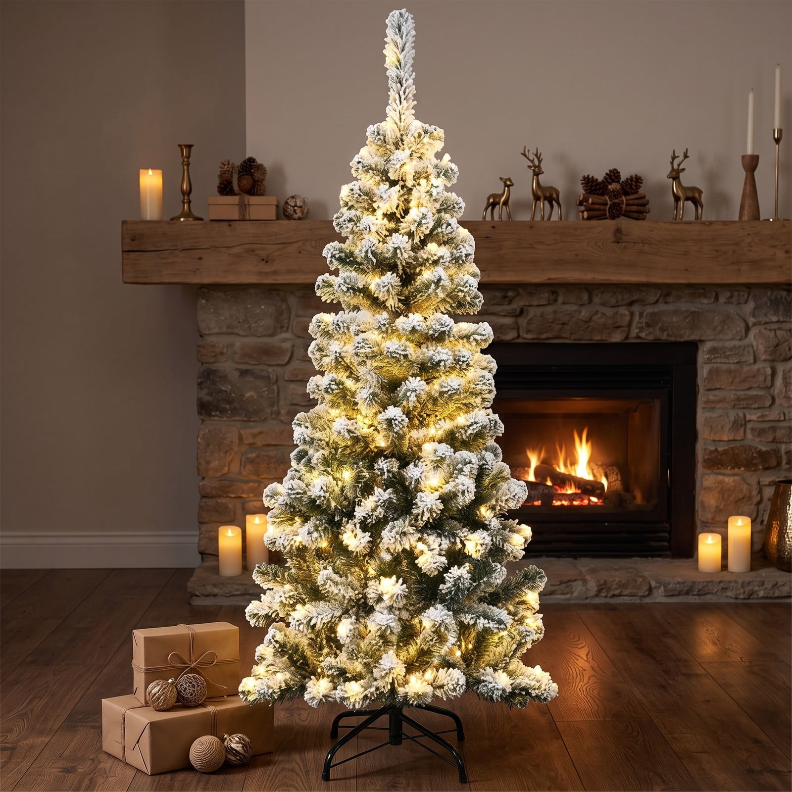 RUIE 4.5 FT Pre-Lit Snow Flocked Pencil Christmas Tree with 150 Warm White LED Lights, 242 Branch Tips, Artificial Slim Xmas Tree with Foldable Metal Stand for, White