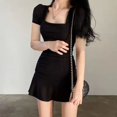 thumbnail image 2 of Vestido negro fruncido para mujer, cuello cuadrado, manga corta, ajustado, minivestido de verano a la moda coreana, con pliegues y volantes, vestido veraniego ajustado, 2 of 5