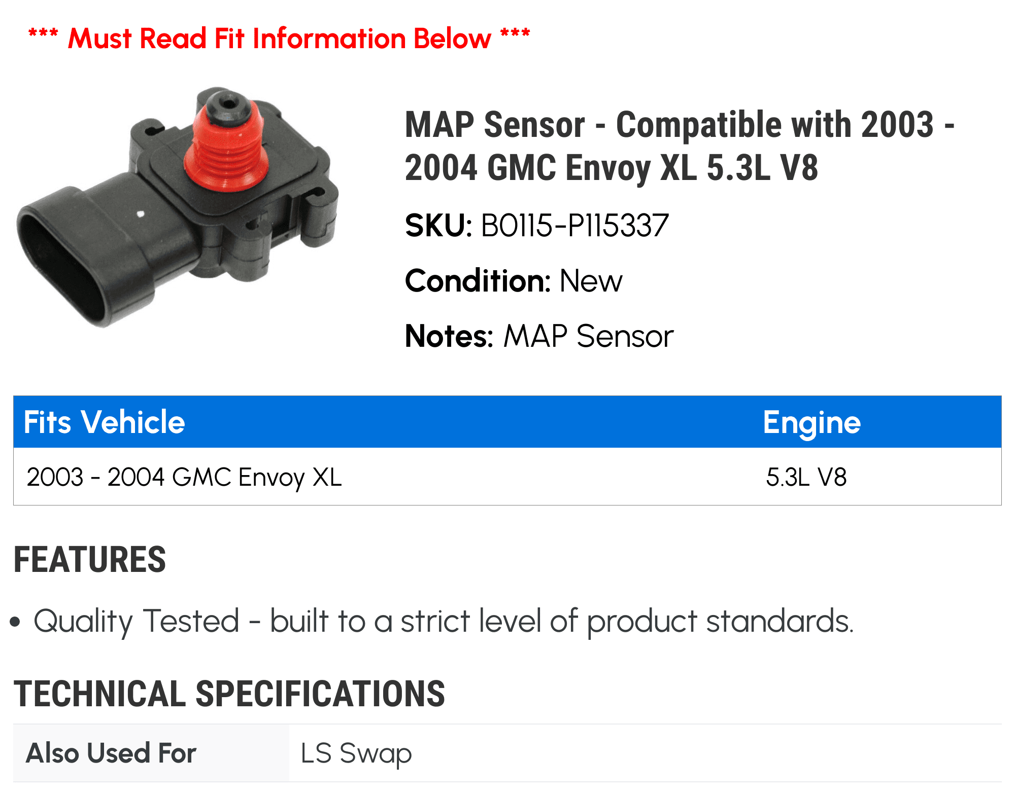 MAP Sensor - Compatible with 2003 - 2004 GMC Envoy XL 5.3L V8
