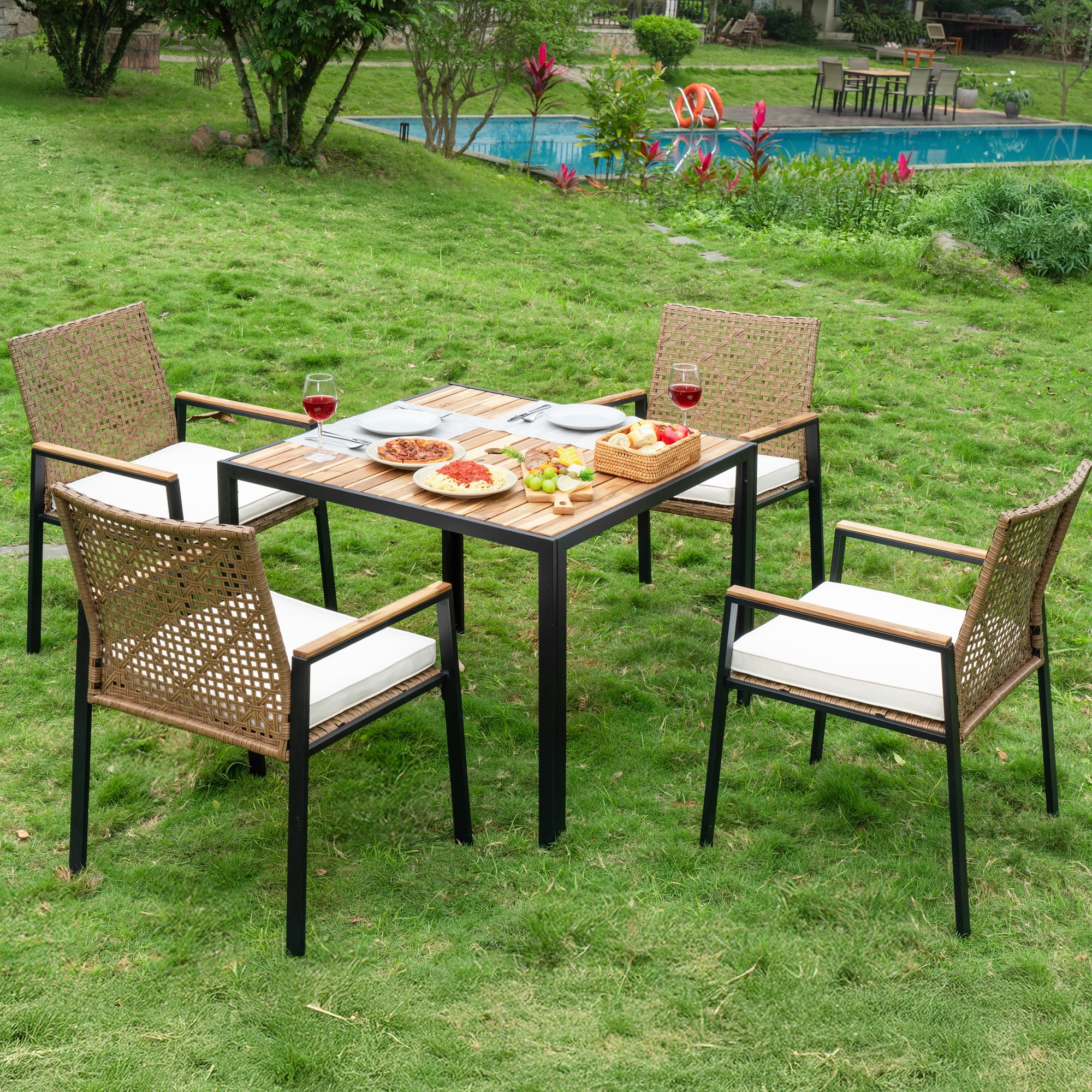 Leumius 5 Piece Patio Dining Set,All Weather Outdoor Dining Table Set with 4 Cushion Chairs,Patio Conversation Set with Acacia Wood Table Top and Umbrella Hole,Yellow