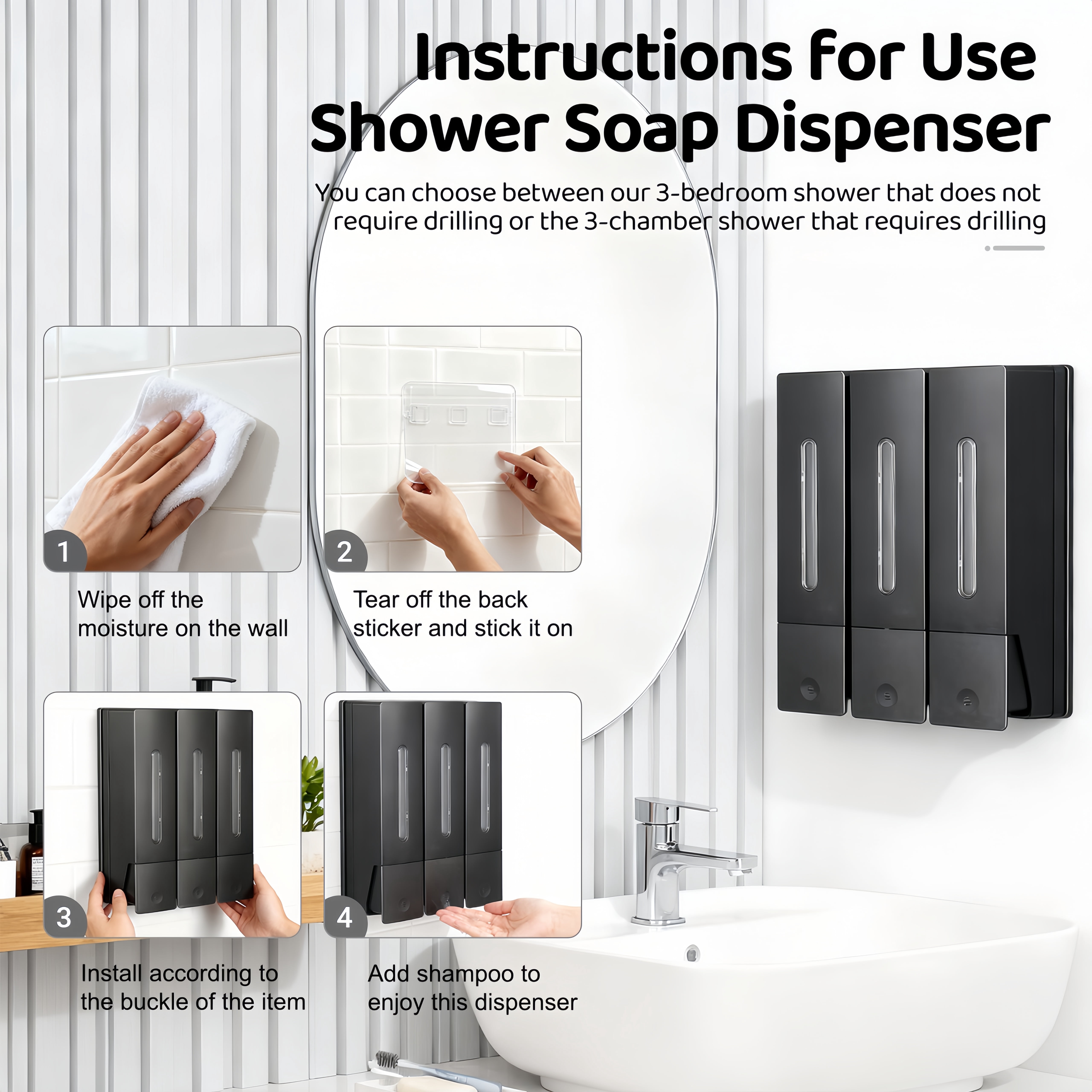 Shampoo and Conditioner Dispenser - Wall-Mounted 3-Chamber Shower Soap Dispenser, No-Drill, 1200ML Capacity, for Bathroom & Hotel
