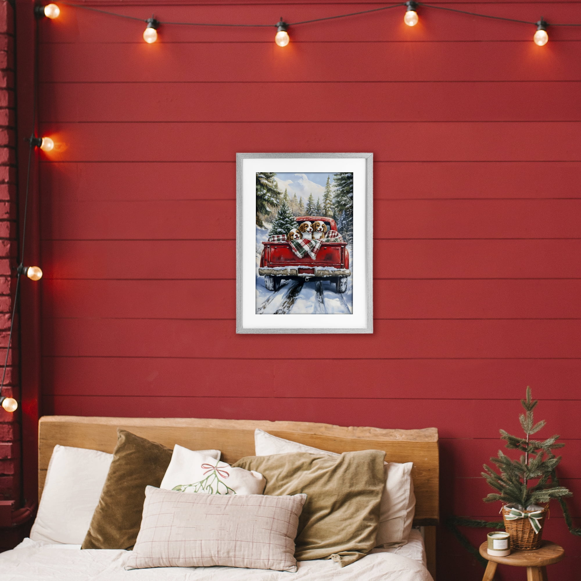 Christmas Truck Pups Trio Gray Framed Print Under Glass, design by Petal Prints Design
