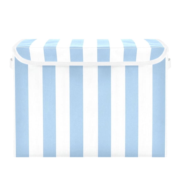 Light Blue-white Stripes Foldable Storage Bin with Lid and Handle Collapsible Storage Box 16.5 x 12.6 x 11.8 inches